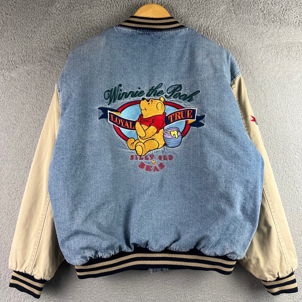 Vintage Disney Winnie the Pooh Denim Varsity Jacket Blue Tan Men Large